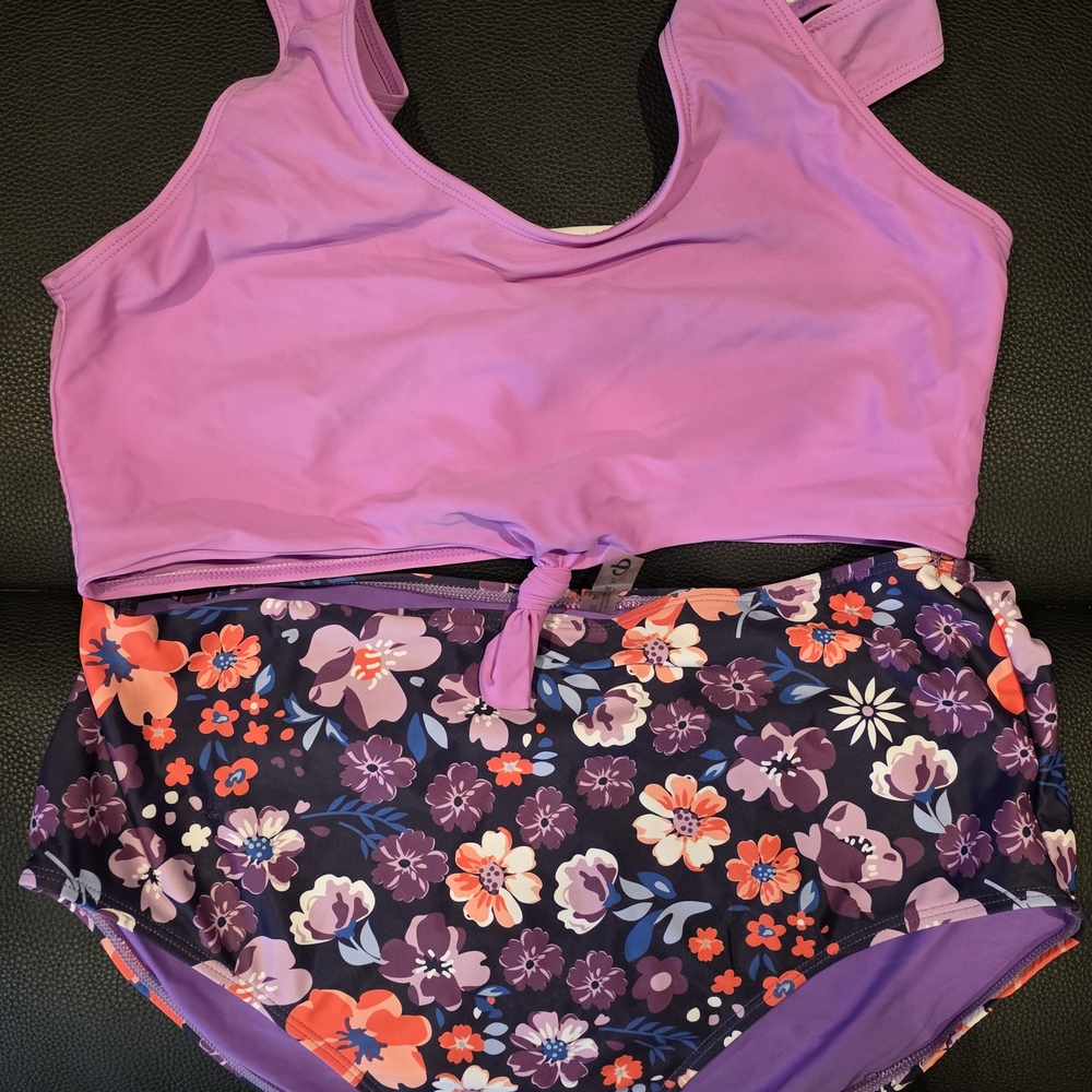 Women's Floral Purple Tankini Set - Lavender Top & Floral Bottom